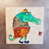 Krokodilbild 20x20, Krokodil auf Keramik, handbemalte Keramik, Krokodil, Kinderzimmerbild